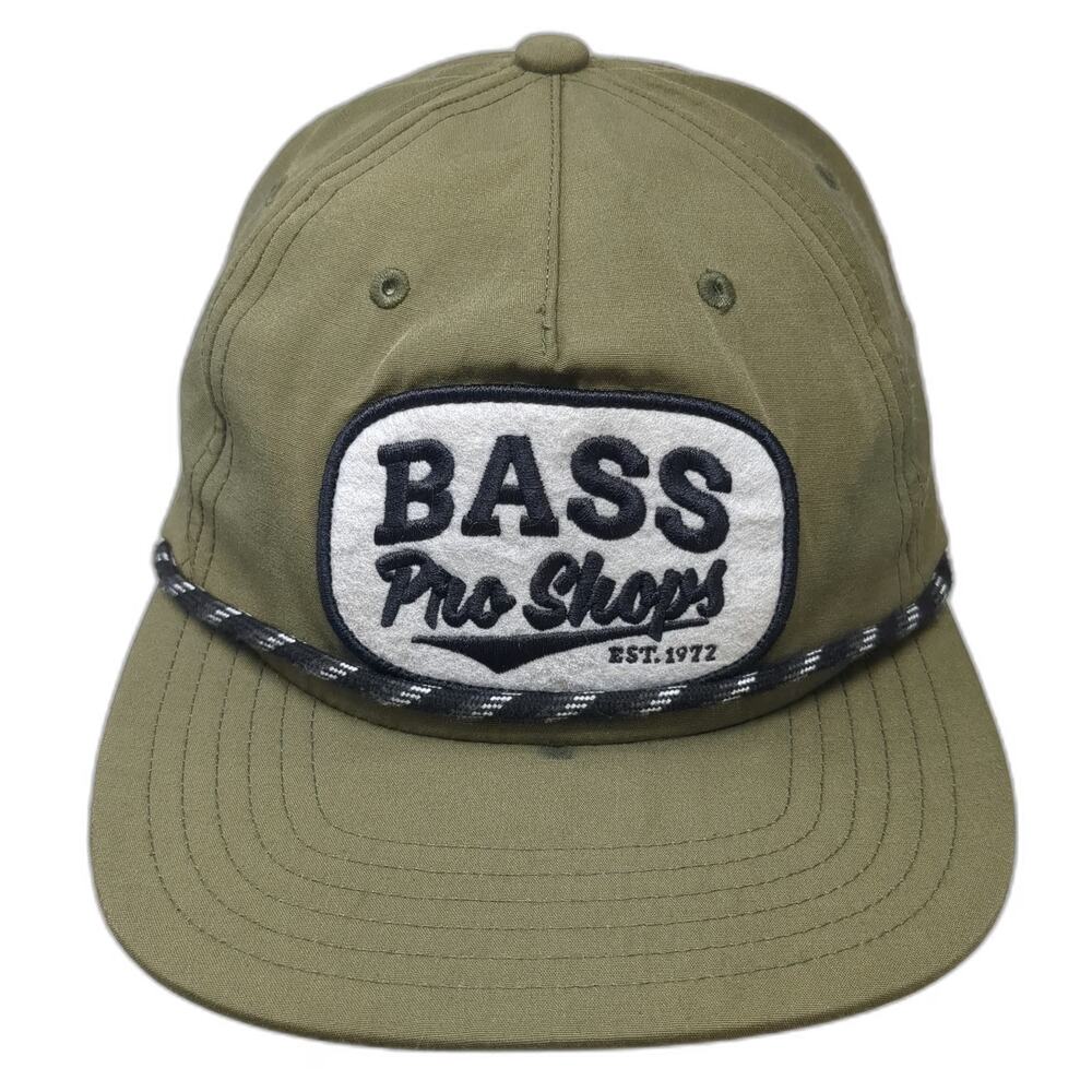 Bass Pro Shops 5 Panel Green One Size Snapback Rope Hat Embroidered Patch Fish